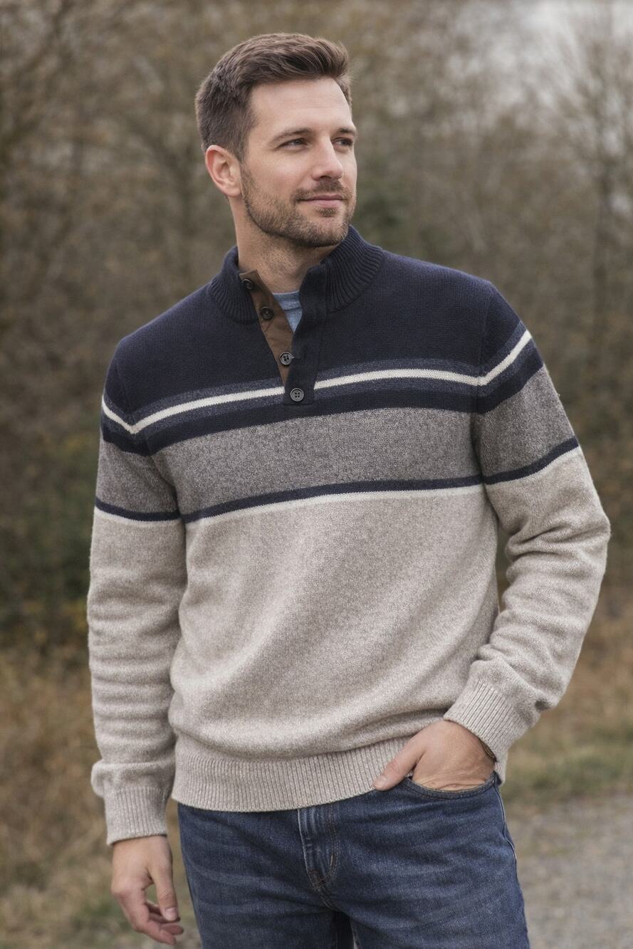 Men's XL Quarter Button Pullover Sweater Striped Mock Neck Knit Classic